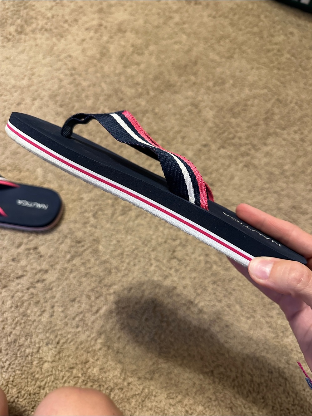 Nautica Navy Flip Flops with Pink and White Striped Webbing - Picture 3 of 4